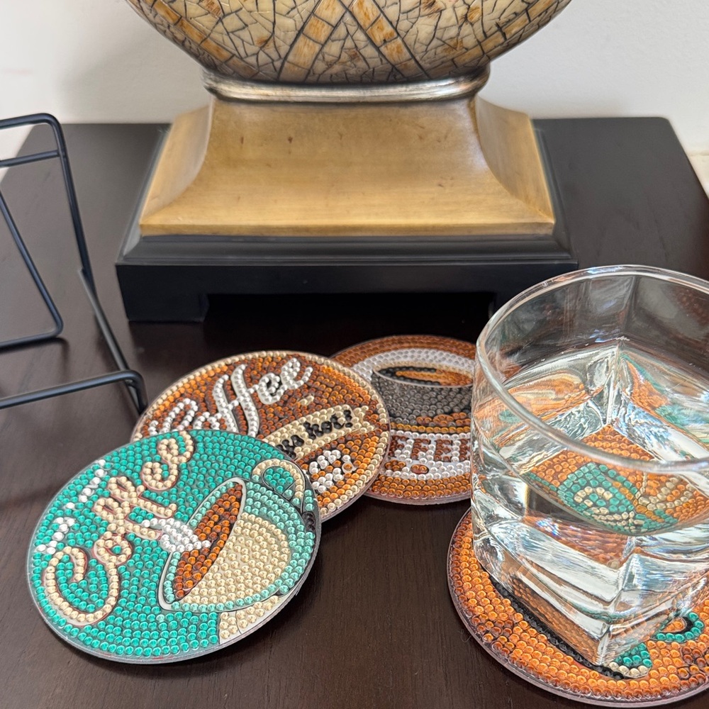 Gift-Ready Coffee Coaster Set w/Holder – Kitchen & Hostess Gift – Set of 4 - Picture 3 of 6